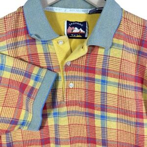 VTG Saguaro West Mens Large Plaid Polo Shirt Short Sleeve Yellow Red Blue Cotton